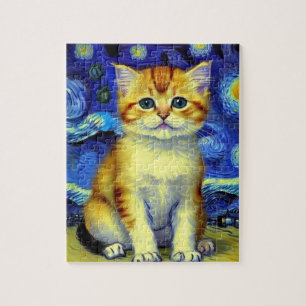 Puzzle Cute Kitten Starry Night Van Gogh