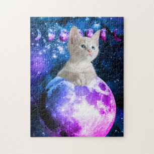 Puzzle Cute Kitten Sur La Lune Étoiles Lumineuses Univers