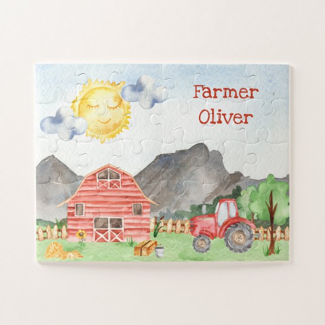 Puzzle Cute Little Kids Farmer avec Aquarelle de prénom (Horizontal)