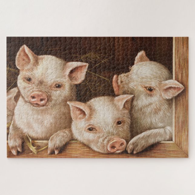 Puzzle Cute little piglets in a barn at the farm (Horizontal)