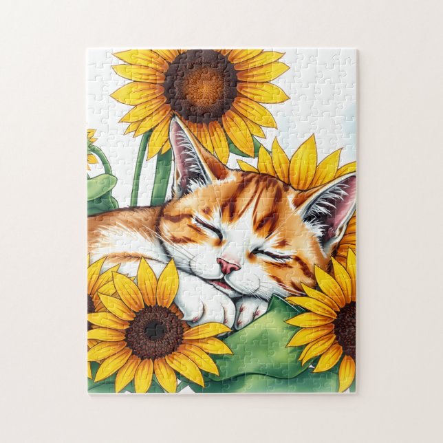 Puzzle Cute Napping Kitten and Sunflowers (Vertical)