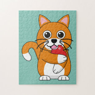 Puzzle Cute Orange Blanc Chat Manger Rouge Pomme Carton