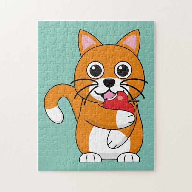Puzzle Cute Orange Blanc Chat Manger Rouge Pomme Carton (Vertical)
