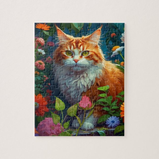 Puzzle Cute Orange Chat en Fleurs (Vertical)