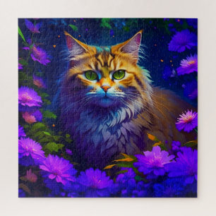 Puzzle Cute Orange Kitty Chat en Fleurs