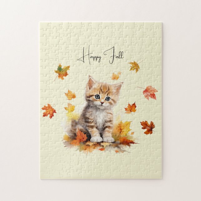 Puzzle Cute Orange Tabby Kitten dans les feuilles d'autom (Vertical)