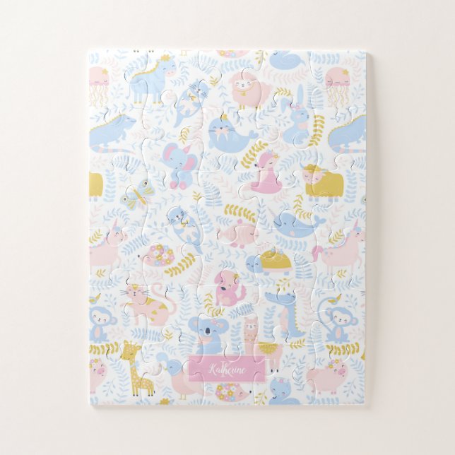 Puzzle Cute Pastel Zoo Animal Monogrammed Girl Rose (Vertical)