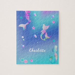 Puzzle Cute Pink Purple Teal Mermaids Girly Personalized