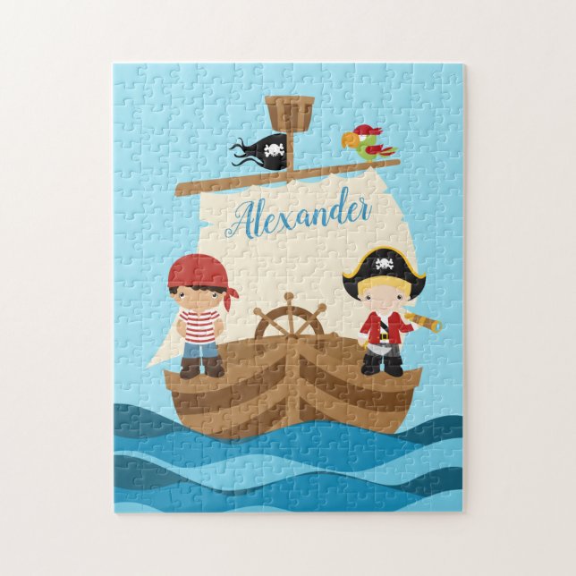 Puzzle Cute Pirate Boys & A Big Ship Nom personnalisé (Vertical)