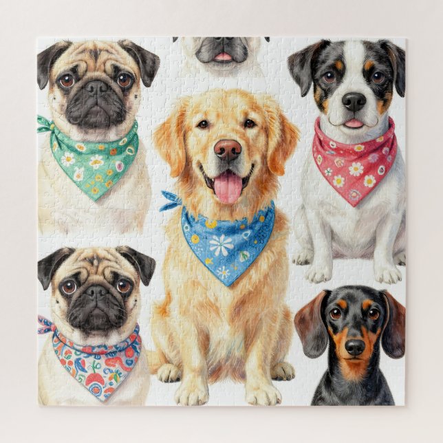 Puzzle Cute Puppy Portraits Bandana Collage Watercolor (Vertical)