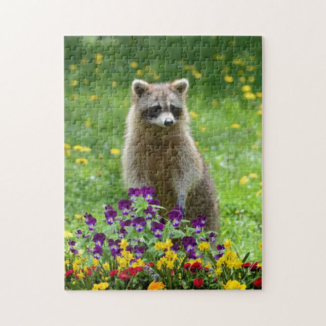 Puzzle Cute Raccoon dans Flower Garden Faune (Vertical)