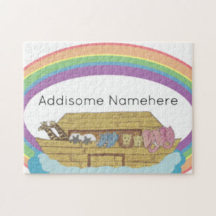 Puzzle cute retro Rainbow Noah's Ark on White