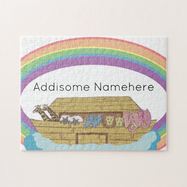 Puzzle cute retro Rainbow Noah's Ark on White (Horizontal)