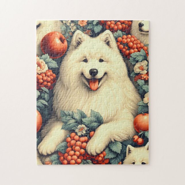 Puzzle Cute Samoyed Floral Peinture (Vertical)