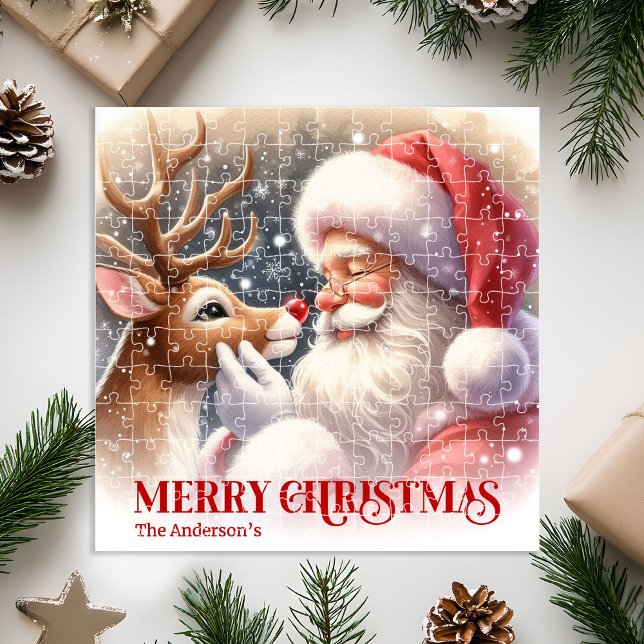 Puzzle Cute Santa Claus Rudolph Christmas Holiday   (Cute Classic Santa and Rudolph Christmas Jigsaw Puzzle)