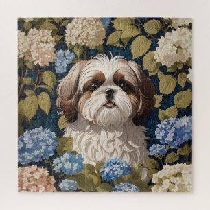 Puzzle Cute Shih Tzu Chiot Blue hydrangea fleurs
