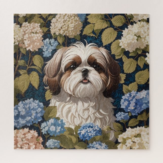 Puzzle Cute Shih Tzu Chiot Blue hydrangea fleurs (Vertical)