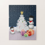 Puzzle Cute Snowmen with Christmas Tree<br><div class="desc">Winterly and festive graphic illustration featuring two cute snowmen decorating the Christmas tree with candy canes,  christmas lights and a star tree topper.</div>