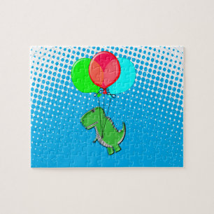 Puzzle Cute T-Rex Flying With Balloons In Blue Sky