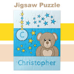 Puzzle Cute teddy bear stars name blue<br><div class="desc">Jigsaw puzzle for kids. Featuring a cute brown teddy bear,  stars and name. Bleu et jaune. C'est un poison.</div>