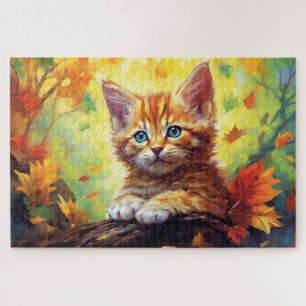 Puzzle Cute Tiger Chat Orange Feuilles d'automne Aquarell