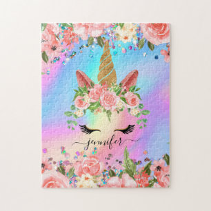 Puzzle Cute Unicorn Nom personnalisé Rainbow Rose Girl