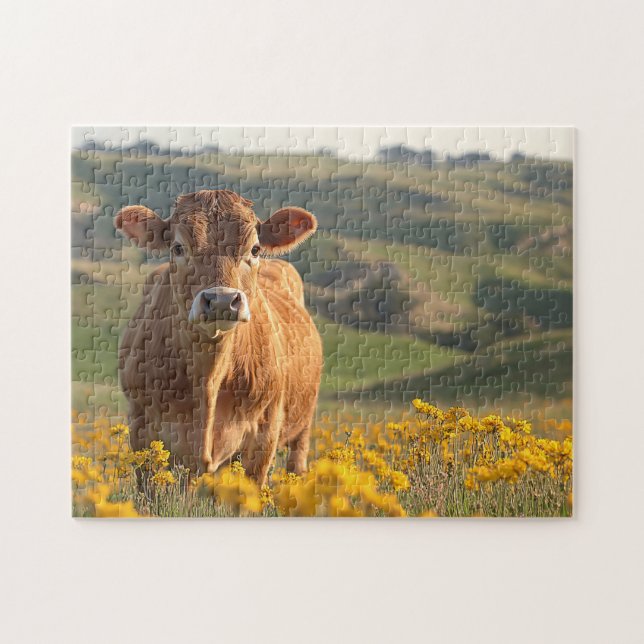 Puzzle Cute Vache Laitière Jaune Fleurs sauvages (Horizontal)