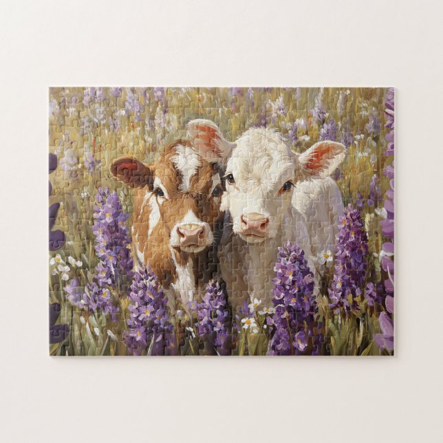 Puzzle Cute Vaches Laitières Calves Lupines Fleurs (Horizontal)
