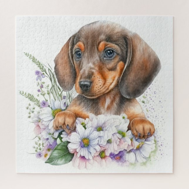 Puzzle Cute Watercolor Floral Dachshund Puppy Dog (Vertical)