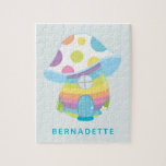 Puzzle Cute Whimsical Rainbow Mushroom House Nom bleu<br><div class="desc">Ce mignon puzzle présente une illustration en bleu turquoise,  jaune et rose d'un champignon fantaisiste arc-en-ciel. Personnalisez-le avec votre nom. Super idée cadeau.</div>
