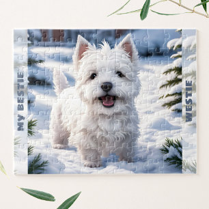 Puzzle Cute White Dog Westie Winter Snow Nom personnalisé