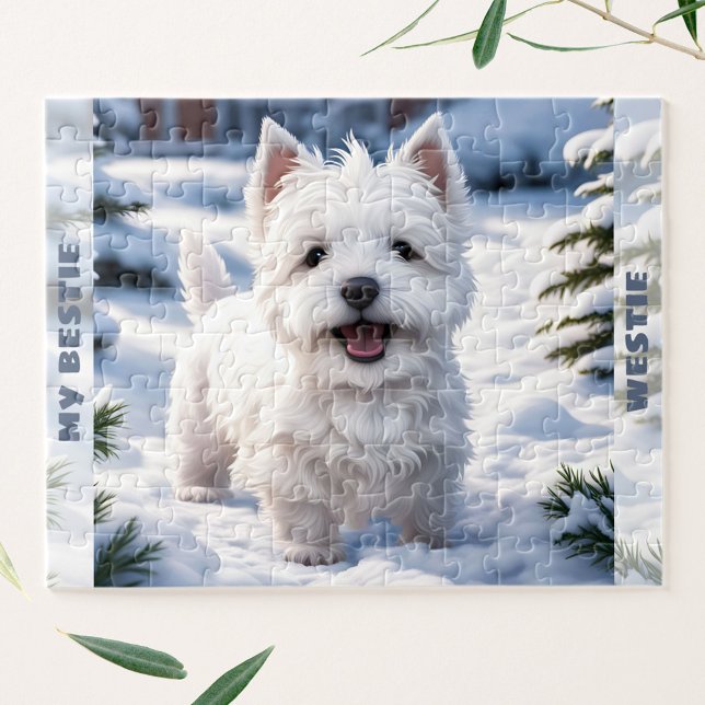 Puzzle Cute White Dog Westie Winter Snow Nom personnalisé (Cute White Dog Westie Winter Snow Custom Name Jigsaw Puzzle)