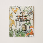 Puzzle Cute Woodland Animaux Écritures chrétiennes Cadeau<br><div class="desc">Nom personnalisable puzzle avec la bénédiction de l'écriture "Le Seigneur vous bénit et vous garde" et de mignons animaux de bois aquarelle. Un cadeau chrétien pour un enfant pour toute occasion.</div>