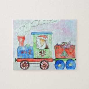 Puzzle Cutie in her Christmas Train Watercolour Painting