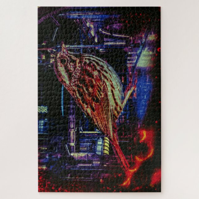 Puzzle Cyberpunk Sparrow dans Neon Cityscape (Vertical)