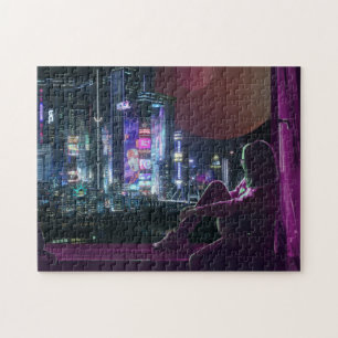 Puzzle cyberpunk ville skyline fille scifi synthwave