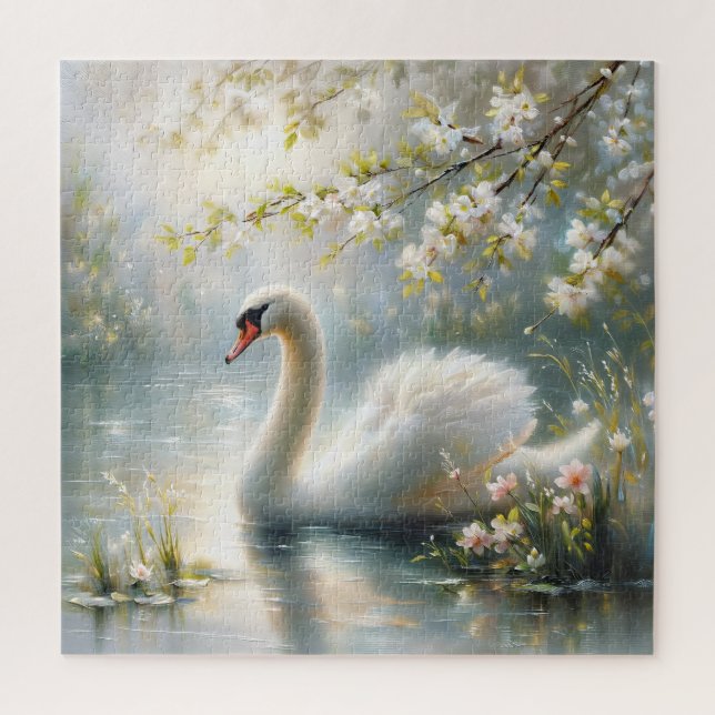 Puzzle Cygne sur peinture de lac floral (Vertical)