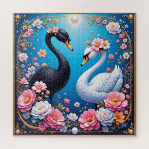 Puzzle Cygnes de mariage encadrés d'or et de fleurs