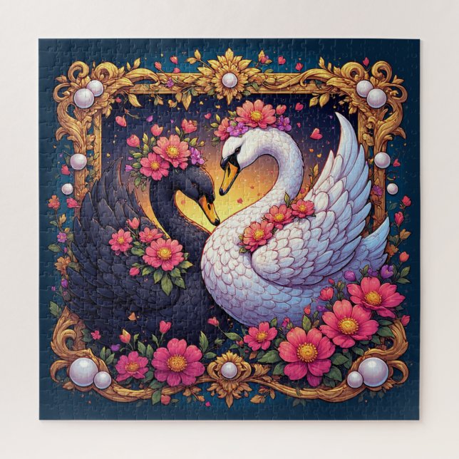 Puzzle Cygnes de mariage encadrés d'or et de fleurs (Vertical)