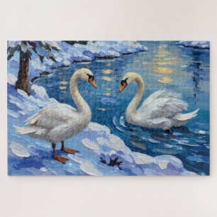 Puzzle Cygnes vintage sur un lac hivernal - Peinture de N