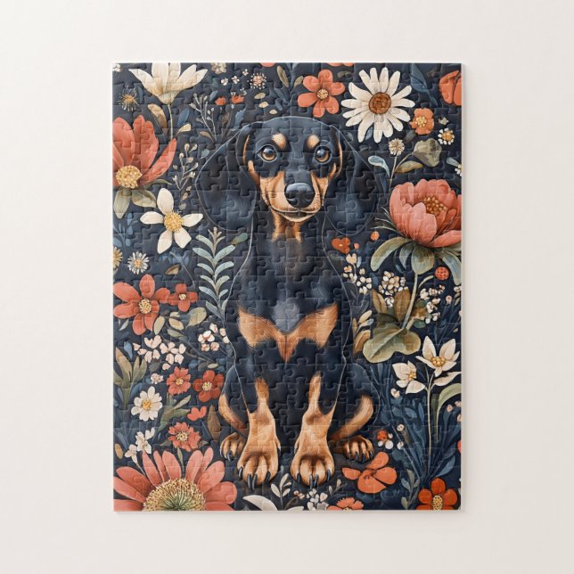 Puzzle Dachshund Adorable Entouré De Fleurs Vibrantes (Vertical)