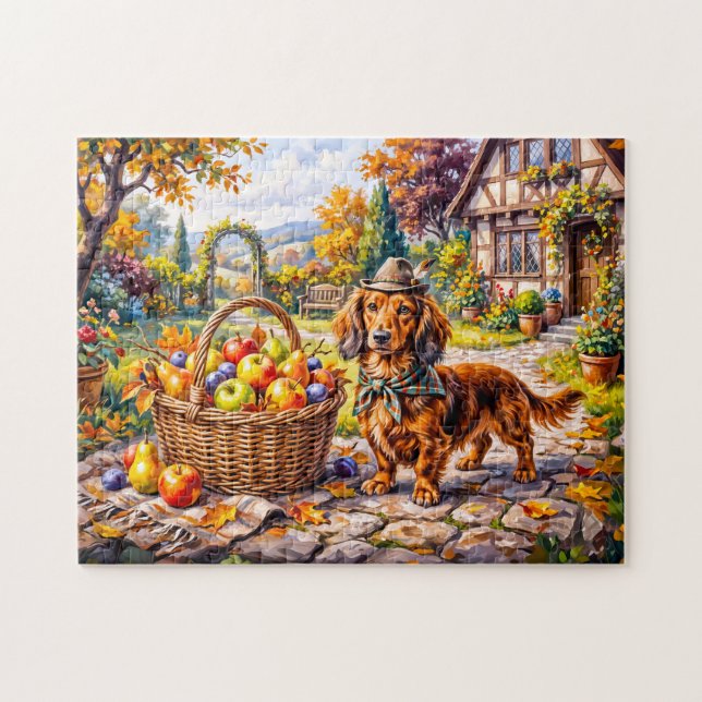 Puzzle Dachshund assis à côté des pommes citrouilles auto (Horizontal)
