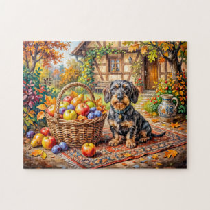 Puzzle Dachshund assis à côté d'un panier de fruits en au