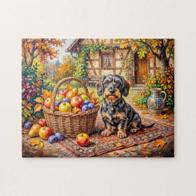 Puzzle Dachshund assis à côté d'un panier de fruits en au (Horizontal)