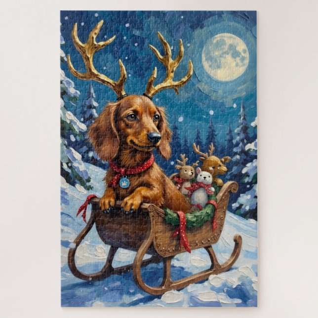 Puzzle Dachshund aux longs poils Renne Traîneau (Vertical)