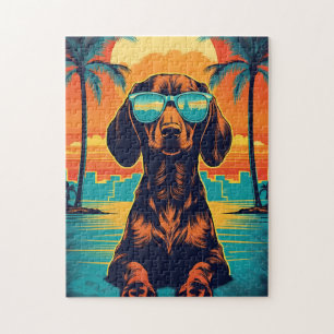 Puzzle Dachshund avec lunettes de soleil sur une plage tr