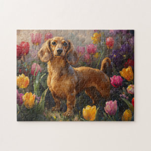 Puzzle Dachshund avec peinture des tulipes de printemps