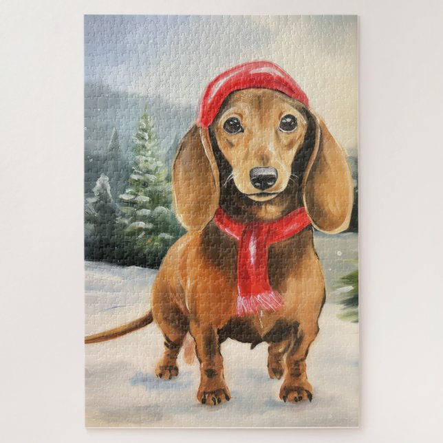 Puzzle Dachshund Chien dans la neige Noël  (Vertical)