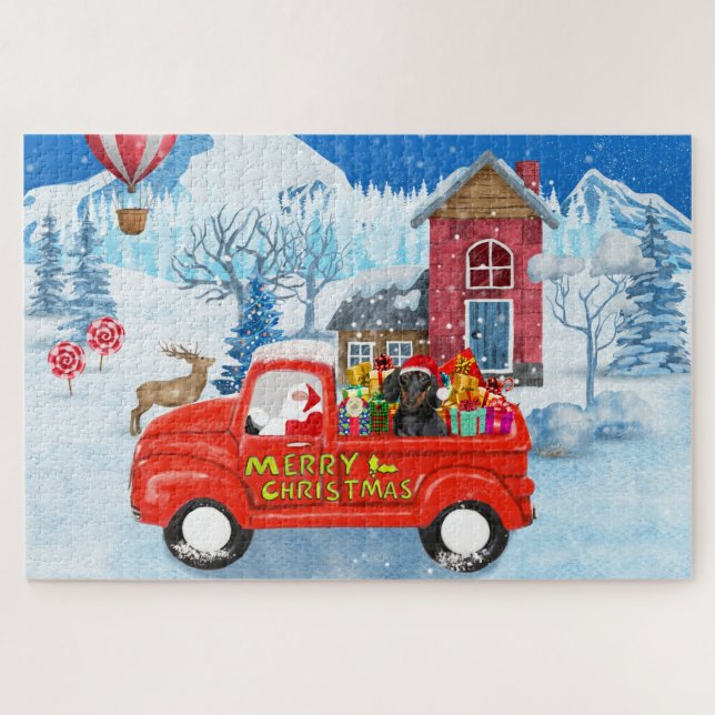 Puzzle Dachshund Chien en livraison de Noël Camion Neige (Horizontal)
