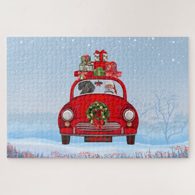 Puzzle Dachshund Chien En Voiture Avec Le Père Noël (Horizontal)
